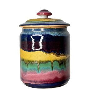 RARE Susan DeMay Studio Art Pottery Rainbow Multi Color Drip Glaze Canister 7”